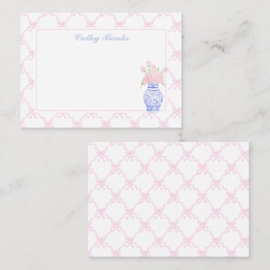 Preppy Pink bow trellis Personalisiert Stationery Mitteilungskarte (Vorne/Hinten)