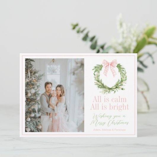 Preppy Pink Bow Wreath Karierte Weihnachten (Stehend Vorderseite)