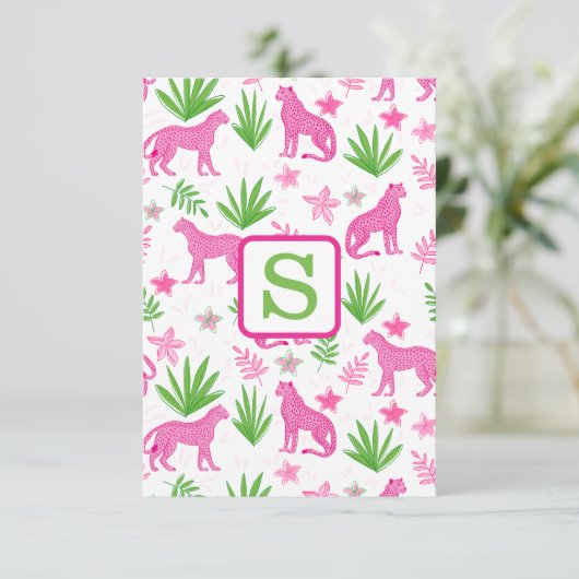 Preppy Pink Cheetah Monogram White Dankeskarte (Stehend Vorderseite)