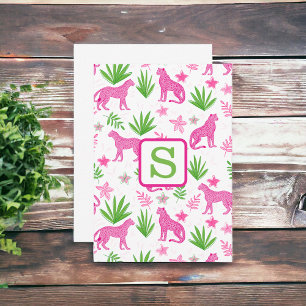 Preppy Pink Cheetah Monogramm / Florale Grünpflanz Dankeskarte