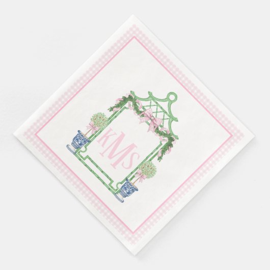 Preppy Pink Chinoiserie Pagoda Monogramm Serviette (Ecke)