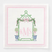 Preppy Pink Chinoiserie Pagoda Monogramm Serviette (Vorderseite)