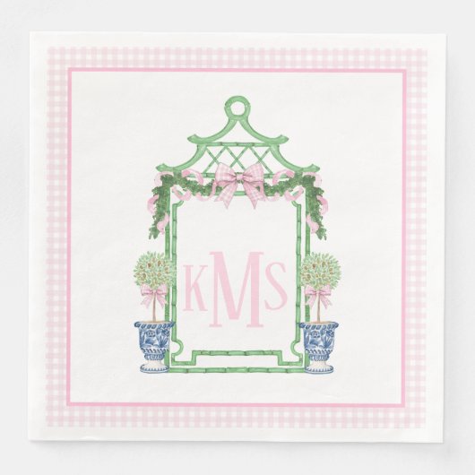 Preppy Pink Chinoiserie Pagoda Monogramm Serviette (Vorderseite)