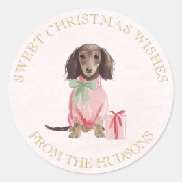 Preppy Pink Christmas Dachshund Lrg Round Stickers