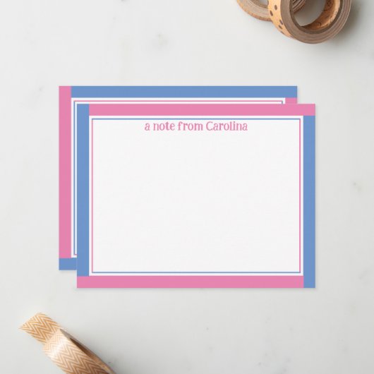 Preppy Pink & Cornflower Blue Name Stationery Mitteilungskarte (Vorderseite/Rückseite Beispiel)