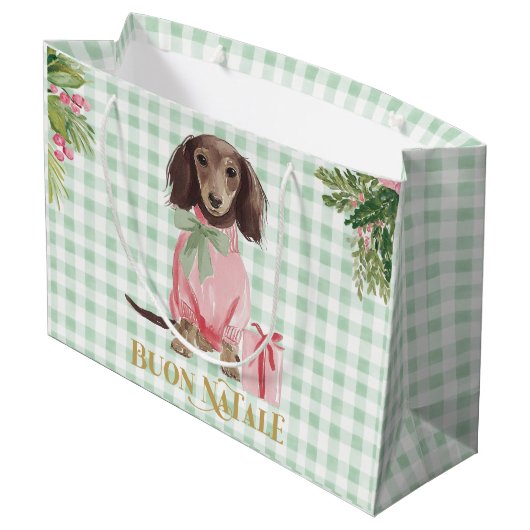 Preppy Pink Dachshund & Green Gingham Buon Natale Große Geschenktüte (Rückseite Schrägansicht)