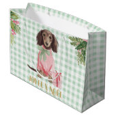 Preppy Pink Dachshund & Green Gingham Joyeux Noël Große Geschenktüte (Rückseite Schrägansicht)