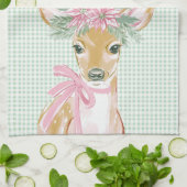 Preppy Pink Deer & Green Gingham Joyeux Noël Geschirrtuch (Gefaltet)