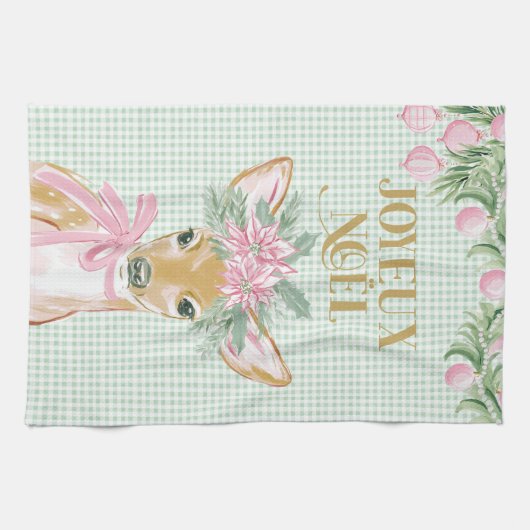 Preppy Pink Deer & Green Gingham Joyeux Noël Geschirrtuch (Horizontal)