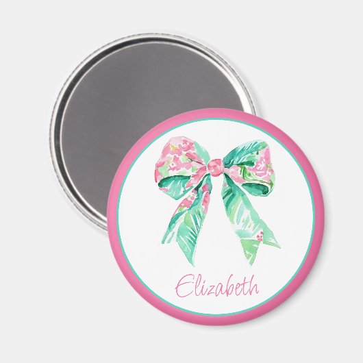 Preppy Pink Floral Bow Personalisiert Magnet (Vorderseite/Rückseite)