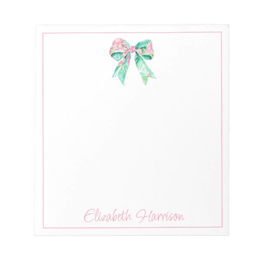 Preppy Pink Floral Bow Personalisiert Notizblock (Vorderseite)