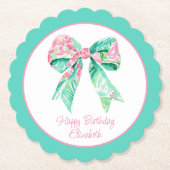 Preppy Pink Floral Bow Personalisiert Untersetzer (Vorderseite)