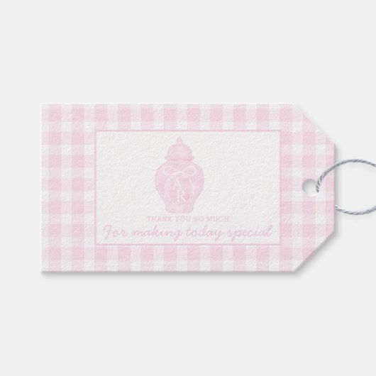 Preppy Pink Ginger Jar Monogram Erster Geburtstag Geschenkanhänger (Vorderseite (Horizontal))