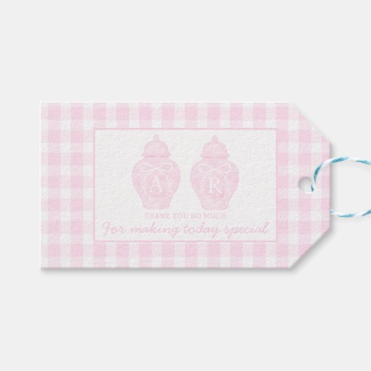 Preppy Pink Ginger Jar Monogram Erster Geburtstag Geschenkanhänger (Vorderseite (Horizontal))
