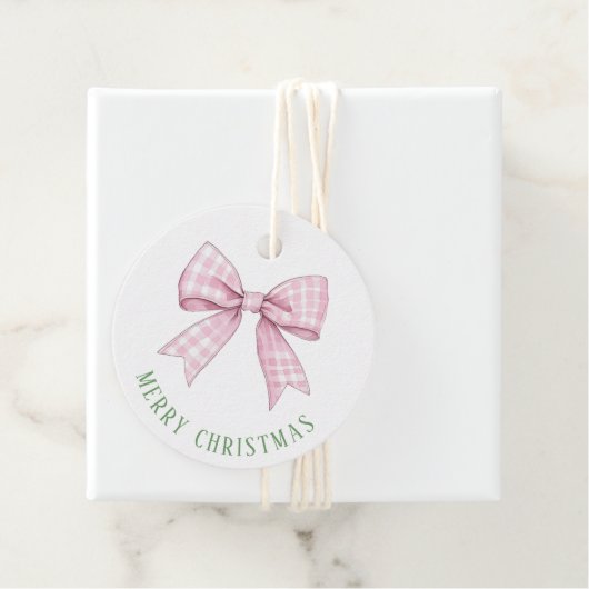 Preppy Pink Gingham Bow Classic Round Sticker Geschenkanhänger (Beispiel)
