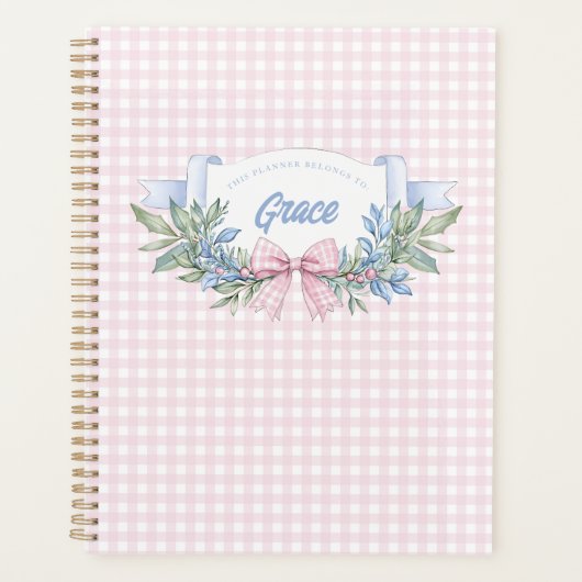 Preppy Pink Gingham Grandmillennial Planer (Vorderseite)