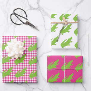 Preppy Pink Gingham Green Alligator Farbiger Spaß Geschenkpapier Set