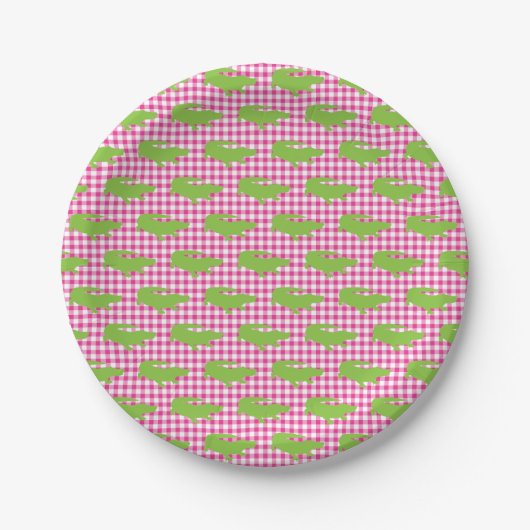 Preppy Pink Gingham Green Alligator Southern Fun Pappteller (Vorderseite)
