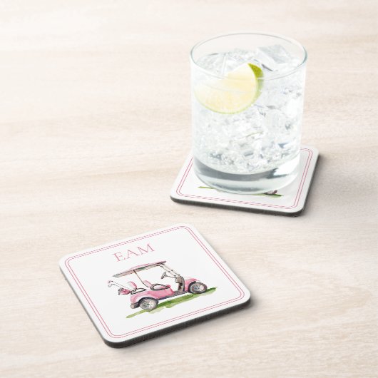 Preppy Pink Golf Cart Monogram Getränkeuntersetzer (Rechte Seite)
