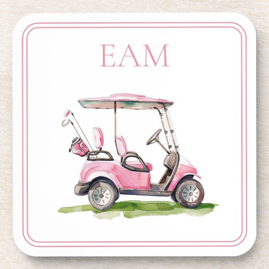 Preppy Pink Golf Cart Monogram Getränkeuntersetzer (Vorderseite)