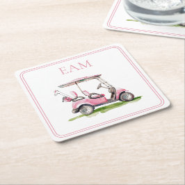 Preppy Pink Golf Cart Monogram Rechteckiger Pappuntersetzer