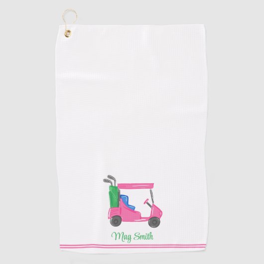Preppy Pink Golf Cart Personalisiert gestreift Golfhandtuch (Vorderseite)