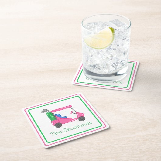 Preppy Pink Golf Cart Personalisierte Grenze Rechteckiger Pappuntersetzer (Vor Ort)