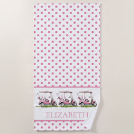 Preppy Pink Golf Carts auf Polka Dots Personalisie Strandtuch