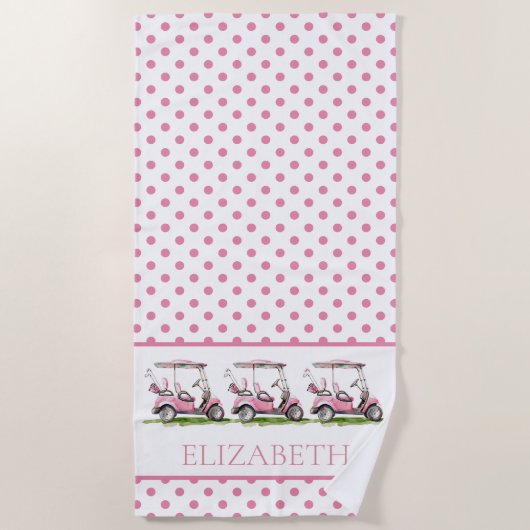 Preppy Pink Golf Carts auf Polka Dots Personalisie Strandtuch (Vorderseite)