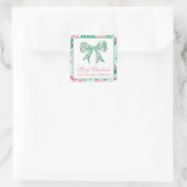 Preppy Pink & Green Christmas Bow Geschenk Quadratischer Aufkleber (Tasche)