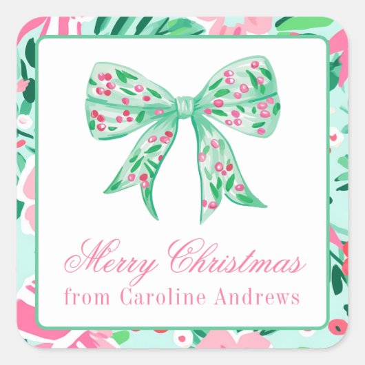 Preppy Pink & Green Christmas Bow Geschenk Quadratischer Aufkleber (Vorderseite)