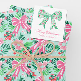 Preppy Pink & Green Christmas Bow Geschenkverpacku Mitteilungskarte