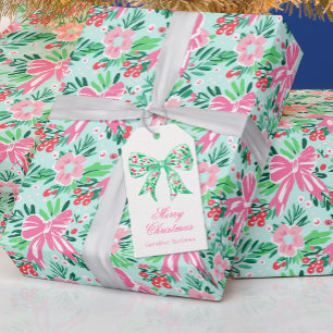 Preppy Pink & Green Christmas Holly Berry Bow Geschenkanhänger