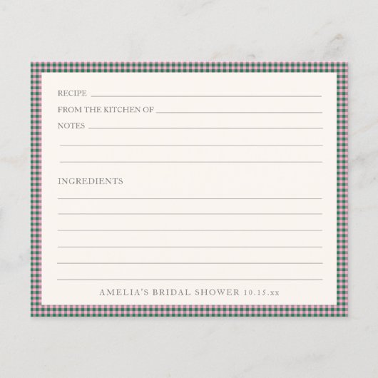 Preppy Pink Green Gingham Shower Recipe Card (Vorderseite)