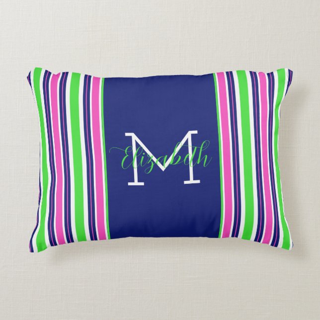 Preppy Pink Green Navy Blue Strip Monogram Dekokissen (Vorderseite)