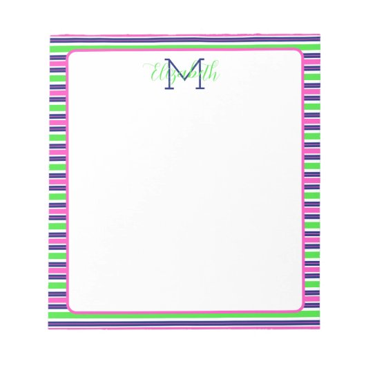 Preppy Pink Green Navy Blue Strip Monogram Notizblock (Vorderseite)