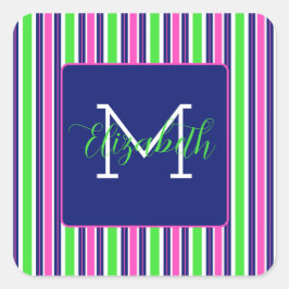 Preppy Pink Green Navy Blue Strip Monogram Quadratischer Aufkleber
