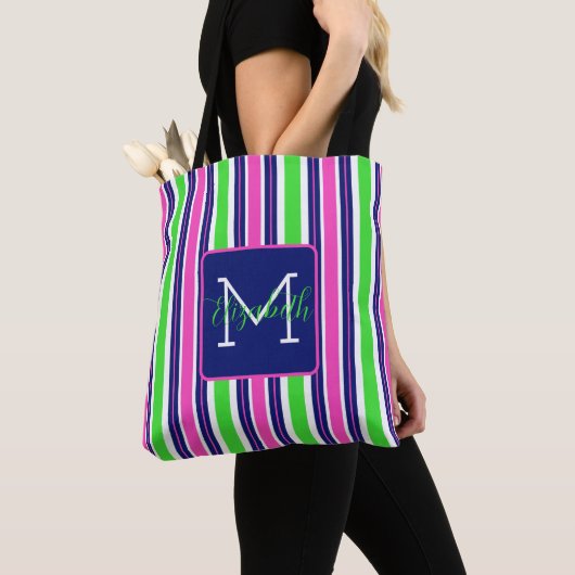 Preppy Pink Green Navy Blue Strip Monogram Tasche (Von Nahem)