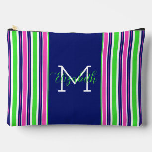 Preppy Pink Green Navy Blue Strip Monogram Zubehörtasche