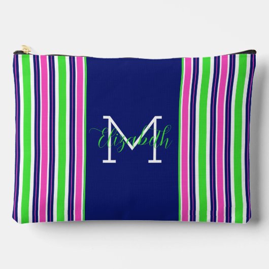 Preppy Pink Green Navy Blue Strip Monogram Zubehörtasche (Vorderseite)