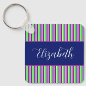 Preppy Pink Green Navy Blue Strips Personalisiert Schlüsselanhänger (Vorderseite)