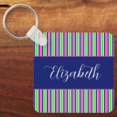 Preppy Pink Green Navy Blue Strips Personalisiert Schlüsselanhänger (Vorderseite)