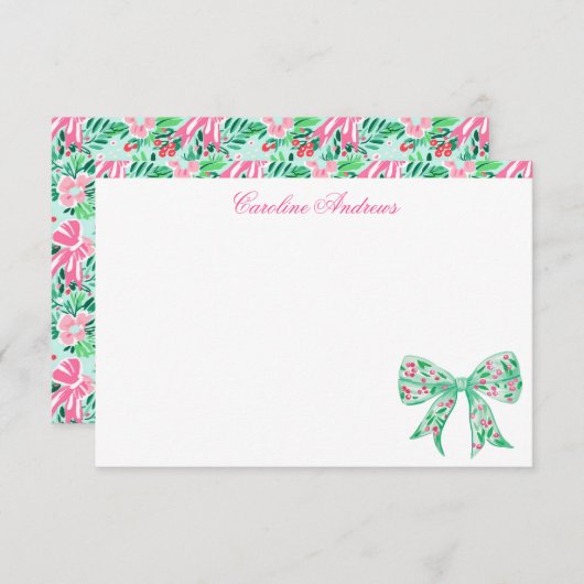 Preppy Pink & Green Palm Beach Holly Bow Dankeskarte (Vorne/Hinten)