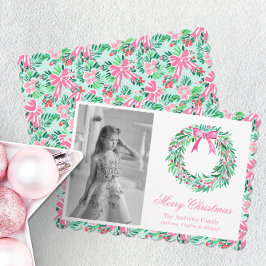 Preppy Pink & Green Palm Beach Wreath Foto Feiertagskarte
