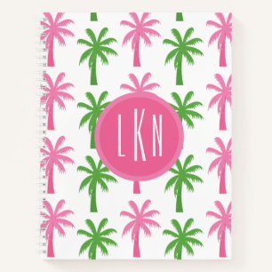 Preppy Pink & Green Palm Trees Monogram Notebook Notizblock