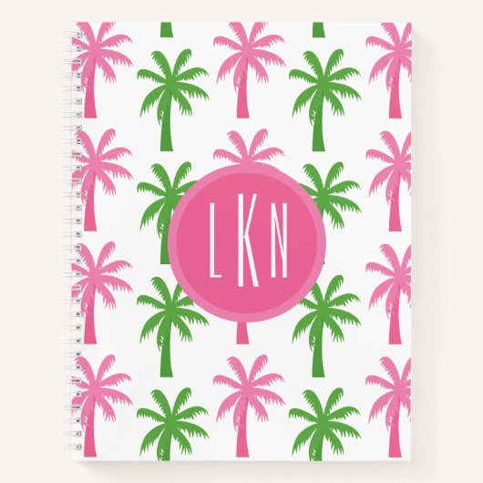 Preppy Pink & Green Palm Trees Monogram Notebook Notizblock (Vorderseite)