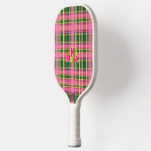Preppy Pink & Green Plaid Monogrammed Pickleball Schläger (Links)