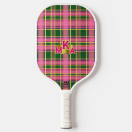 Preppy Pink & Green Plaid Monogrammed Pickleball Schläger