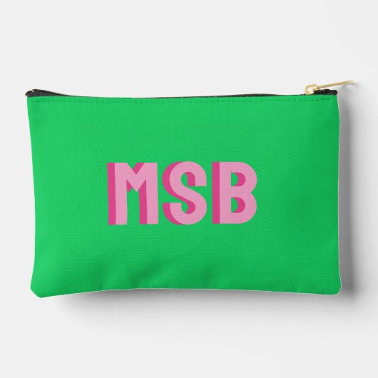 Preppy Pink Green Shadow Block Monogram, Custom Zubehörtasche (Rückseite)