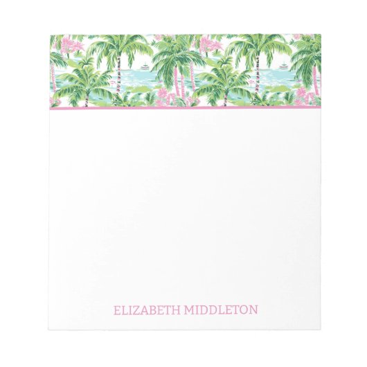 Preppy Pink Green Tropical Palm Tree Personalisier Notizblock (Vorderseite)